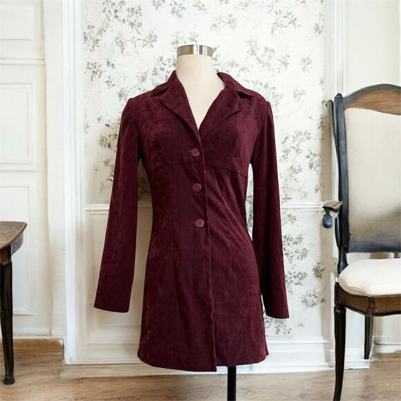 Katy Ireland Y2K Burgundy Fake Leather Faux Suede Velvet Trench Coat XS Blazer - Picture 1 of 5